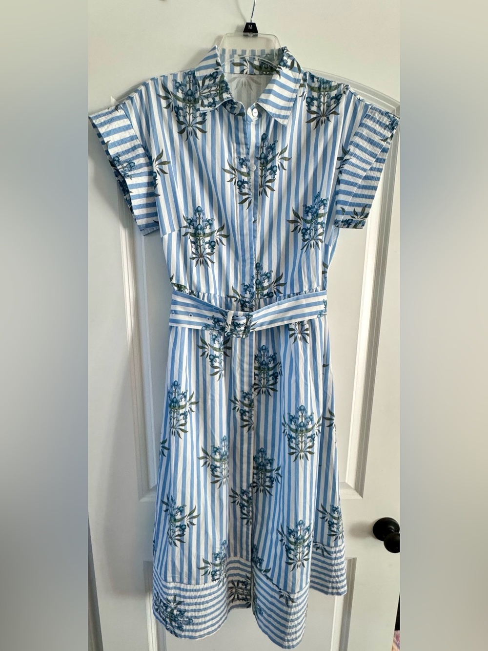 Amazon Blue and White Striped Floral Belted Dress
